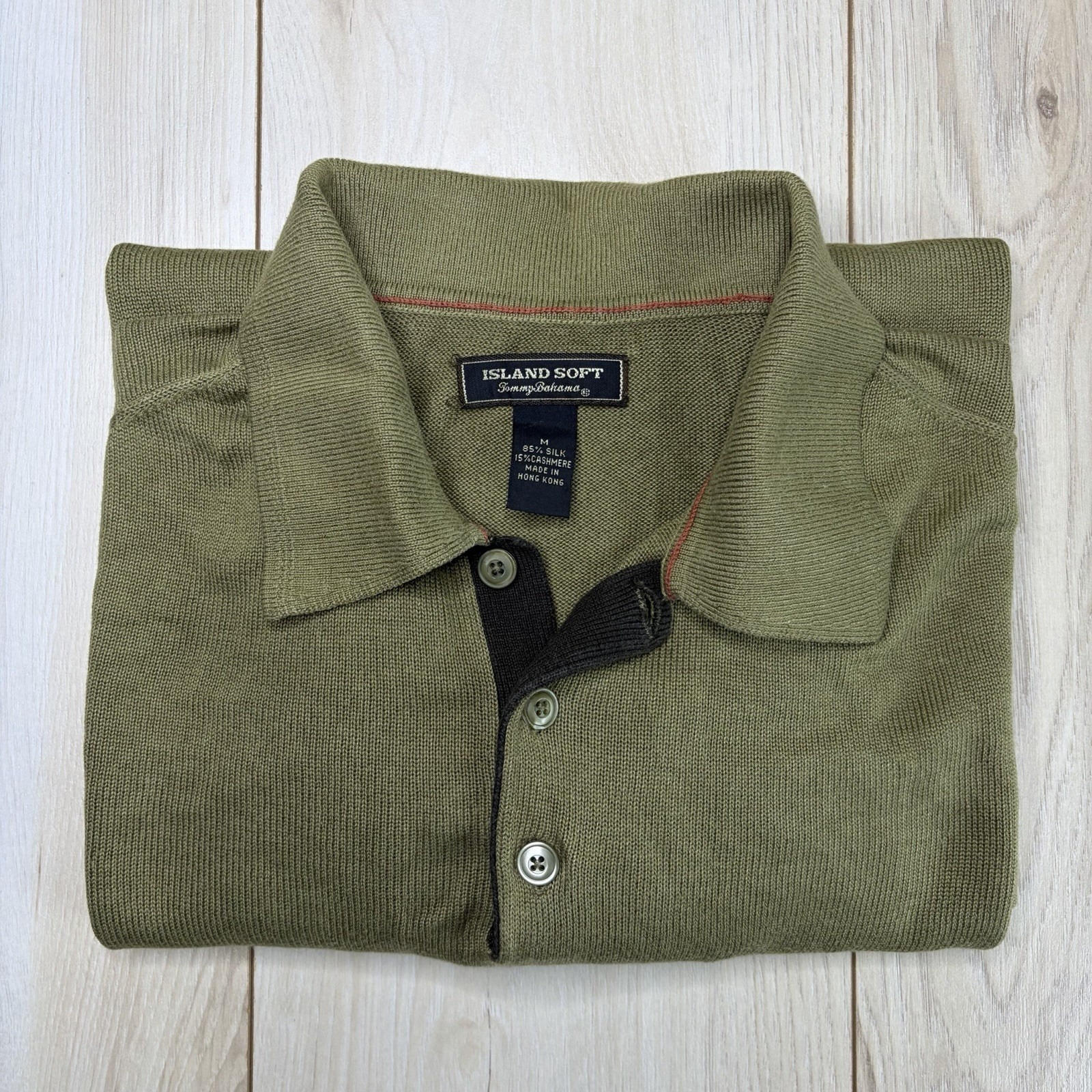 Tommy Bahama Island Soft Silk Cashmere Knit Polo Shirt Mens Medium Long Sleeve